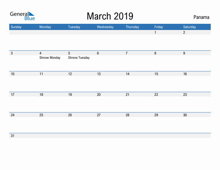 Fillable March 2019 Calendar