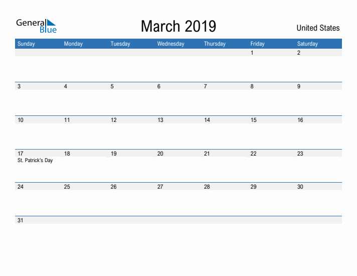 Fillable March 2019 Calendar