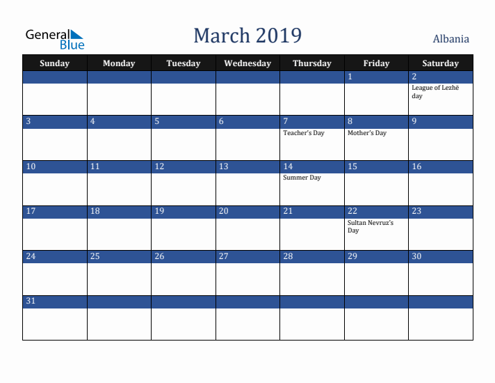 March 2019 Albania Calendar (Sunday Start)