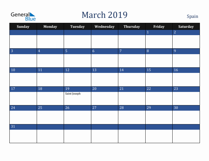 March 2019 Spain Calendar (Sunday Start)