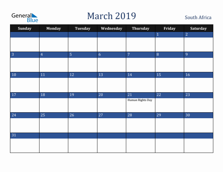 March 2019 South Africa Calendar (Sunday Start)