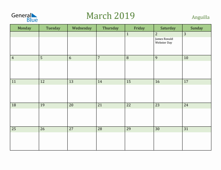 March 2019 Calendar with Anguilla Holidays