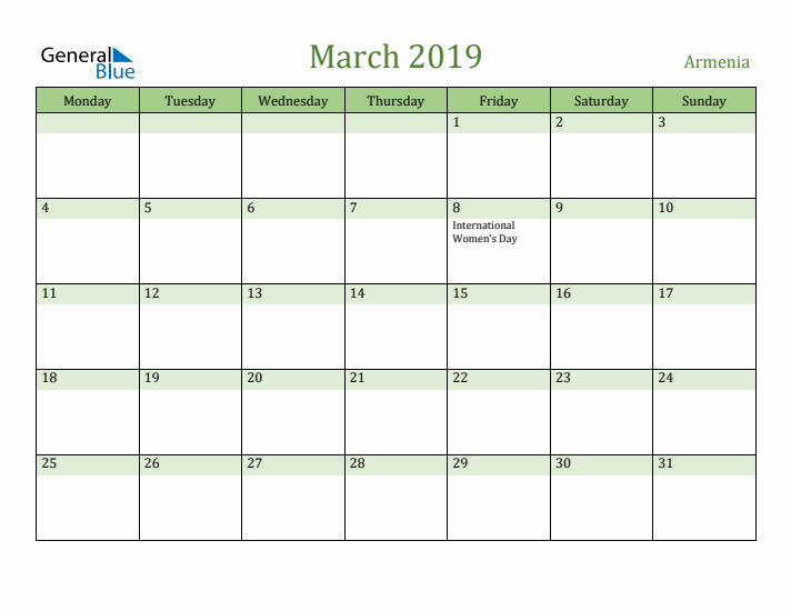 March 2019 Calendar with Armenia Holidays