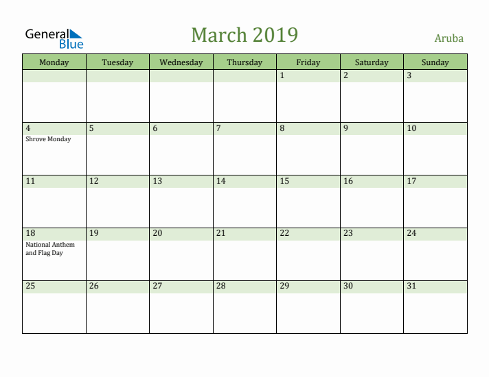 March 2019 Calendar with Aruba Holidays