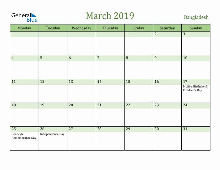 March 2019 Calendar with Bangladesh Holidays