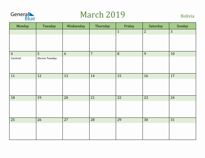 March 2019 Calendar with Bolivia Holidays