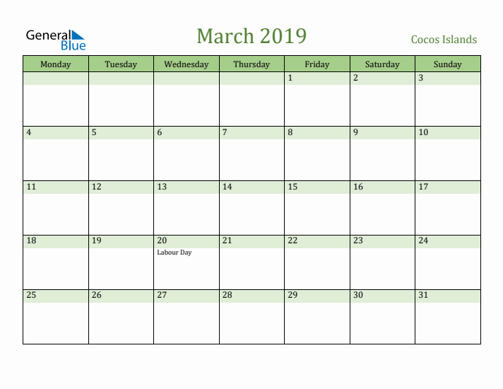 March 2019 Calendar with Cocos Islands Holidays