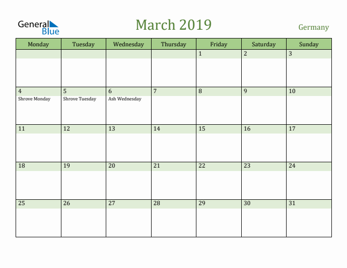 March 2019 Calendar with Germany Holidays