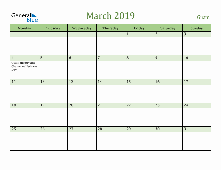 March 2019 Calendar with Guam Holidays