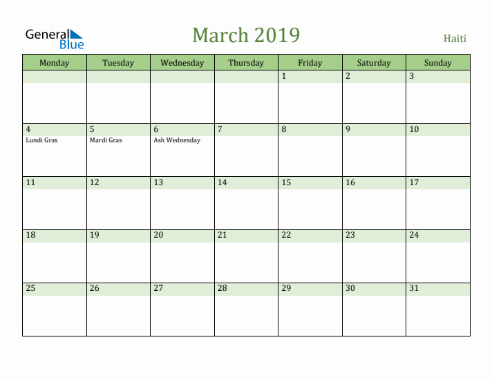 March 2019 Calendar with Haiti Holidays