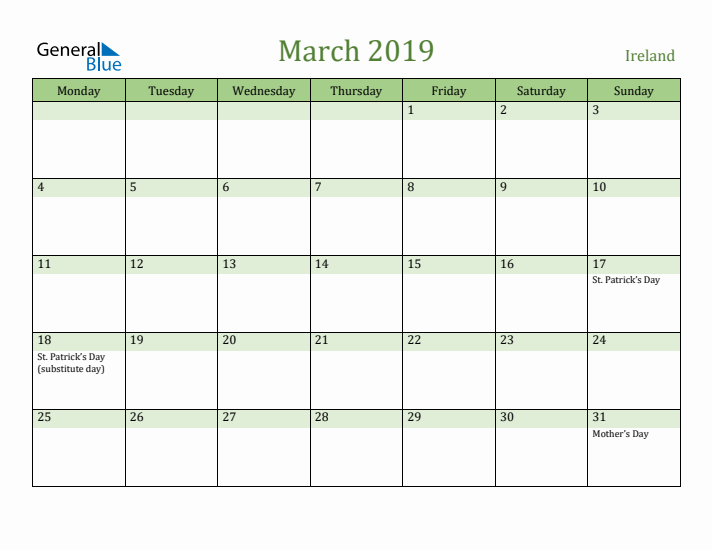 March 2019 Calendar with Ireland Holidays