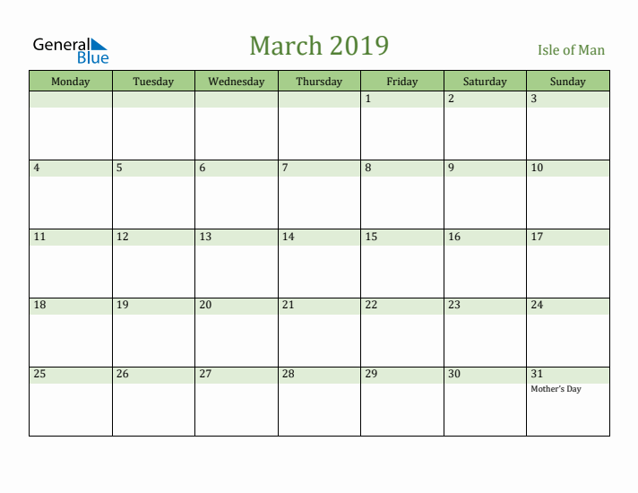 March 2019 Calendar with Isle of Man Holidays