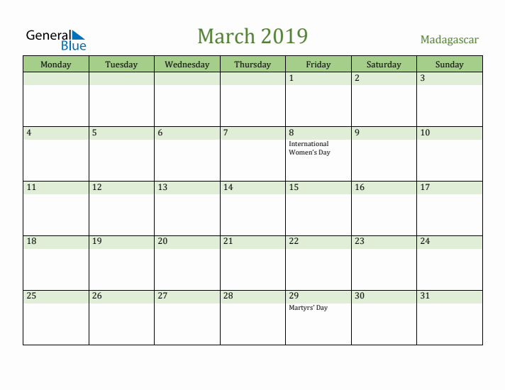 March 2019 Calendar with Madagascar Holidays