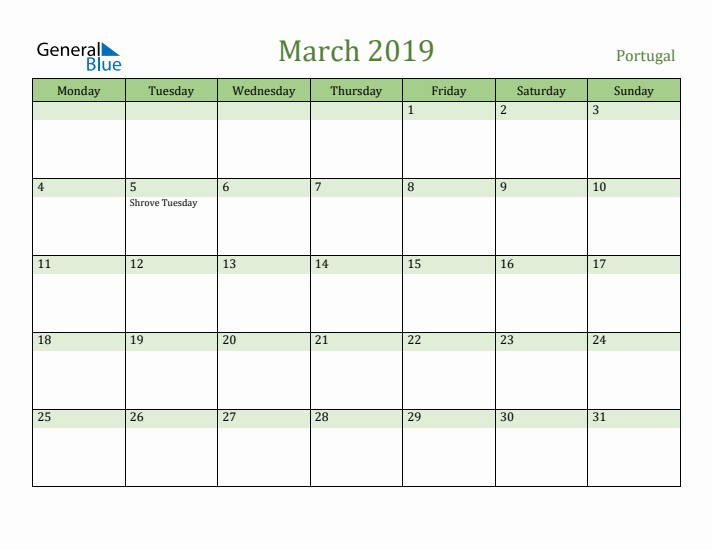 March 2019 Calendar with Portugal Holidays