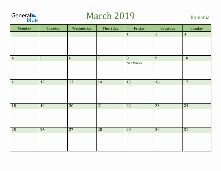 March 2019 Calendar with Romania Holidays