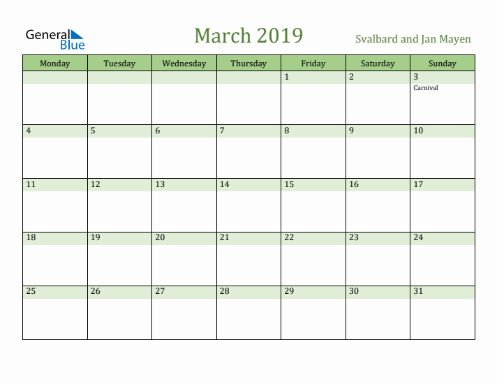 March 2019 Calendar with Svalbard and Jan Mayen Holidays