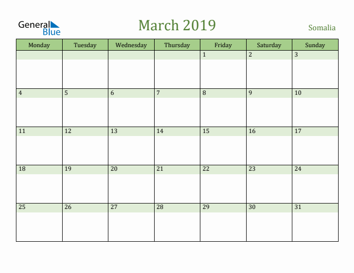 March 2019 Calendar with Somalia Holidays