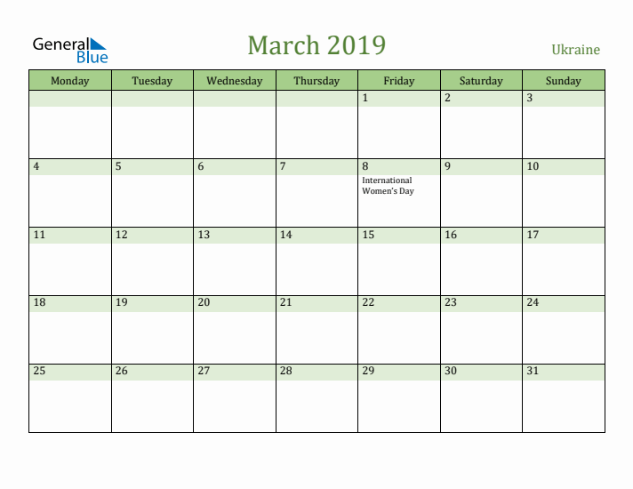 March 2019 Calendar with Ukraine Holidays