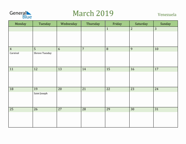 March 2019 Calendar with Venezuela Holidays