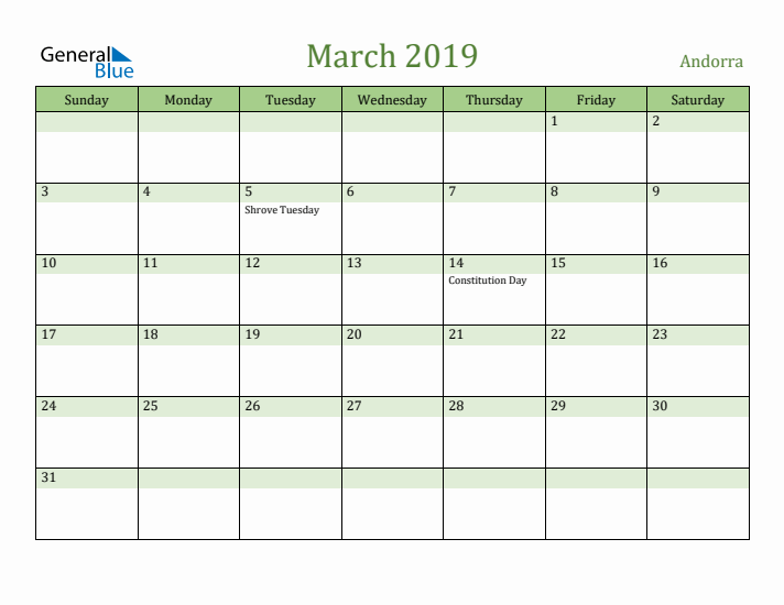 March 2019 Calendar with Andorra Holidays