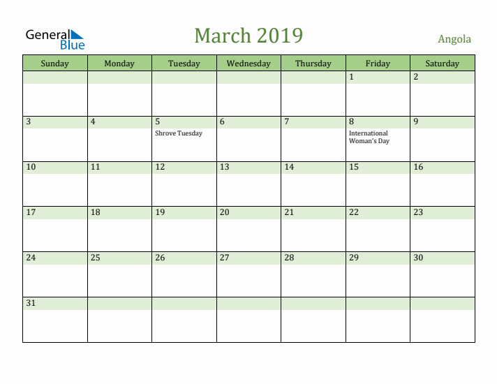 March 2019 Calendar with Angola Holidays