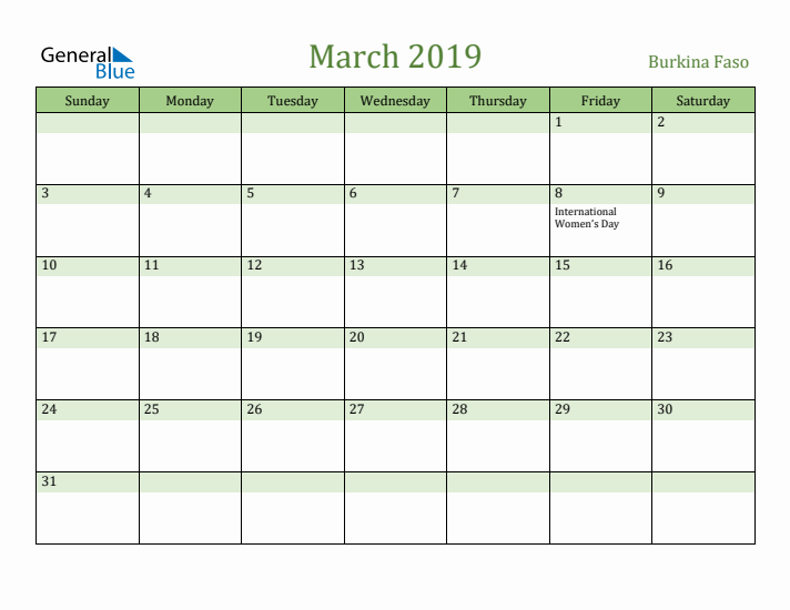 March 2019 Calendar with Burkina Faso Holidays