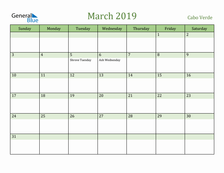 March 2019 Calendar with Cabo Verde Holidays