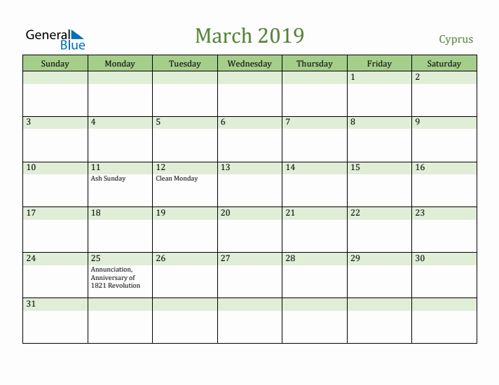 March 2019 Calendar with Cyprus Holidays