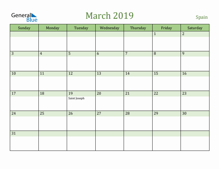 March 2019 Calendar with Spain Holidays