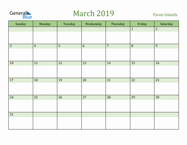 March 2019 Calendar with Faroe Islands Holidays