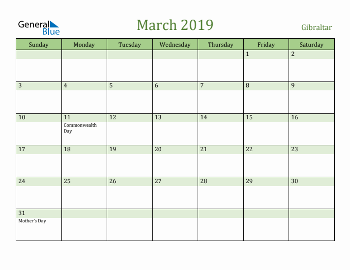 March 2019 Calendar with Gibraltar Holidays