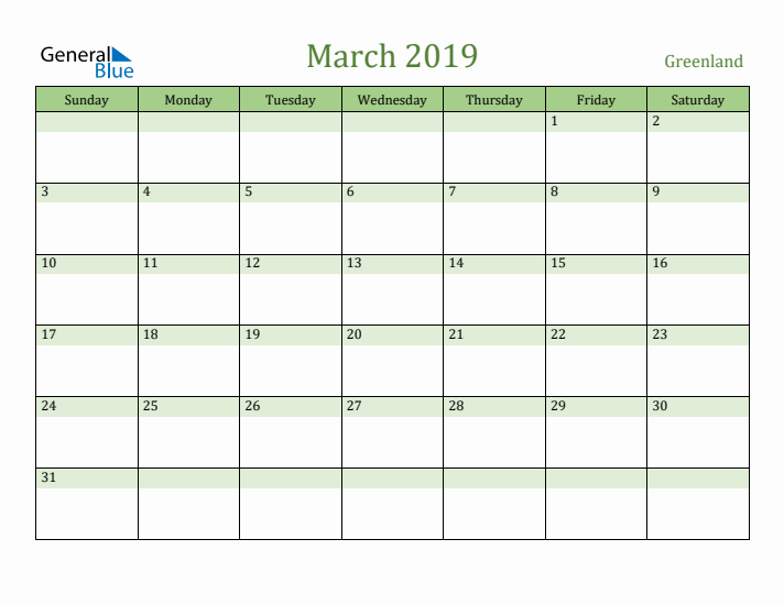 March 2019 Calendar with Greenland Holidays