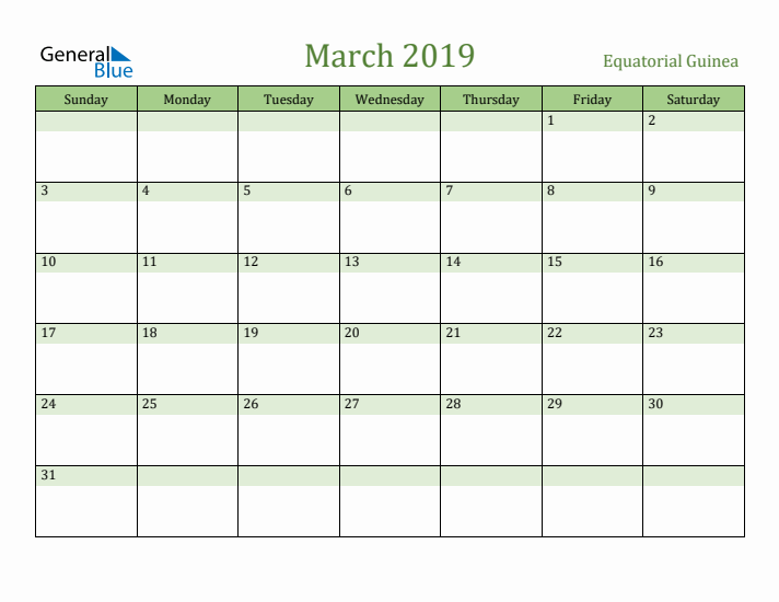 March 2019 Calendar with Equatorial Guinea Holidays