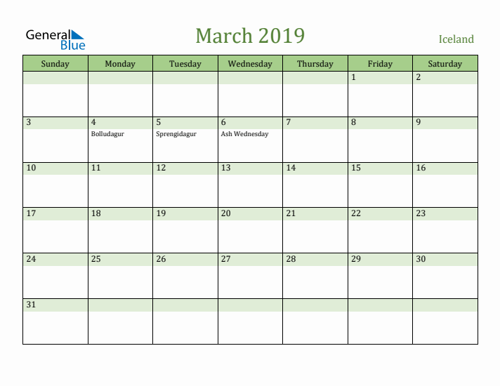 March 2019 Calendar with Iceland Holidays