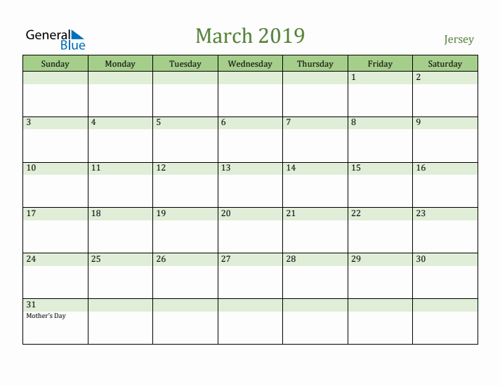 March 2019 Calendar with Jersey Holidays