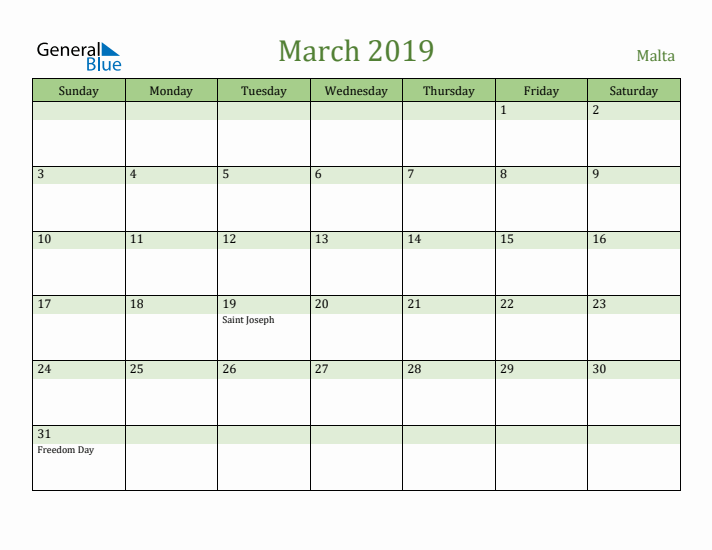 March 2019 Calendar with Malta Holidays