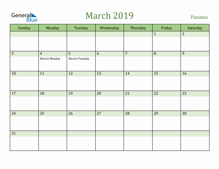 March 2019 Calendar with Panama Holidays