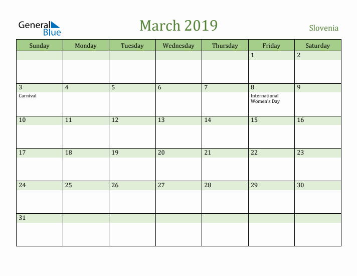 March 2019 Calendar with Slovenia Holidays