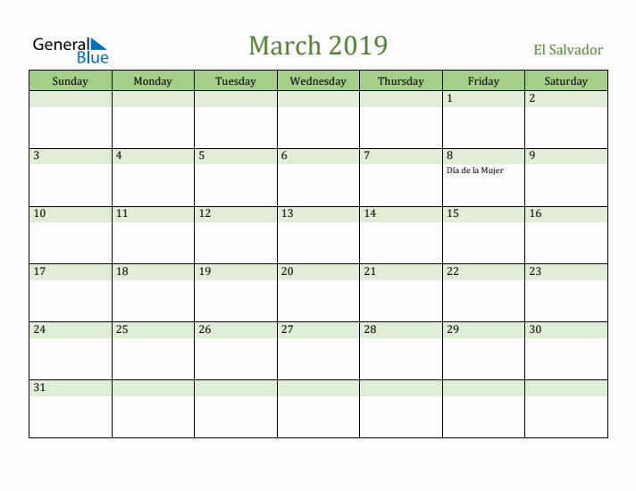 March 2019 Calendar with El Salvador Holidays