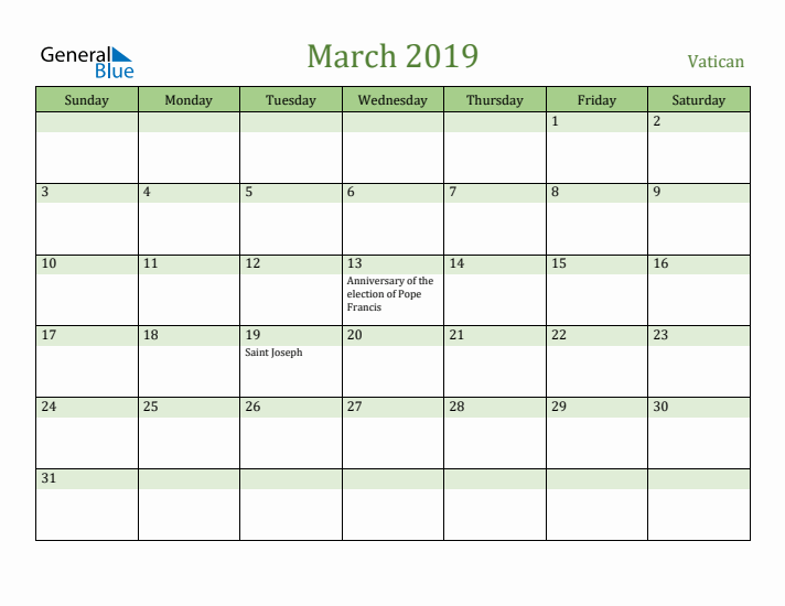 March 2019 Calendar with Vatican Holidays