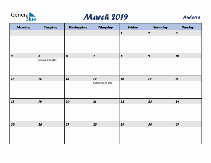 March 2019 Calendar with Holidays in Andorra