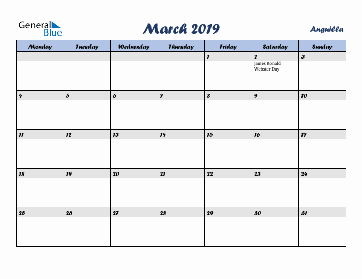 March 2019 Calendar with Holidays in Anguilla