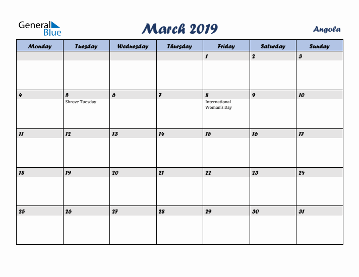 March 2019 Calendar with Holidays in Angola