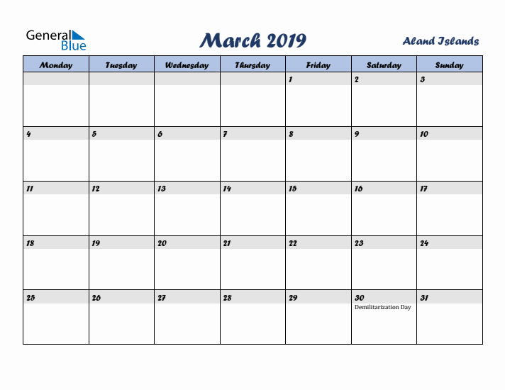 March 2019 Calendar with Holidays in Aland Islands