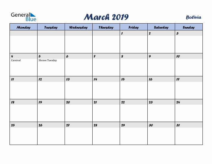 March 2019 Calendar with Holidays in Bolivia