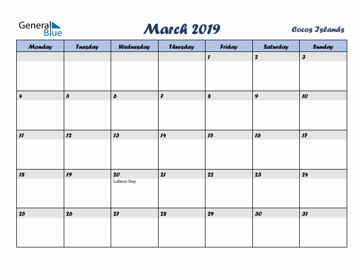 March 2019 Calendar with Holidays in Cocos Islands