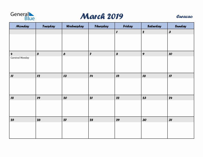 March 2019 Calendar with Holidays in Curacao