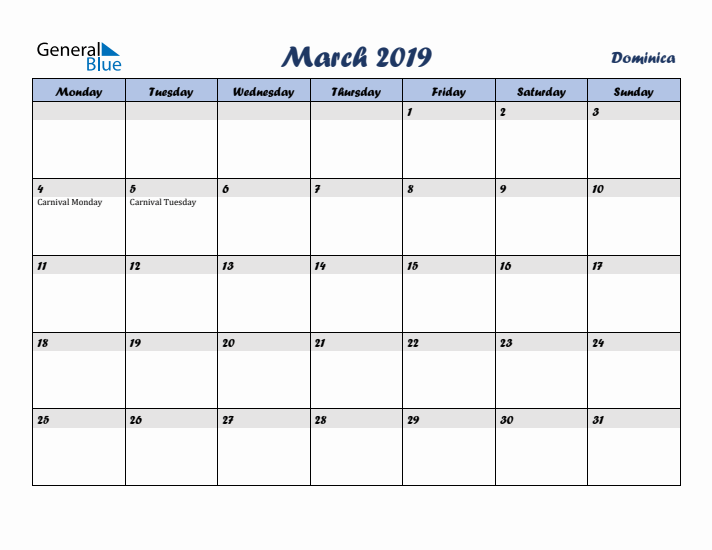 March 2019 Calendar with Holidays in Dominica