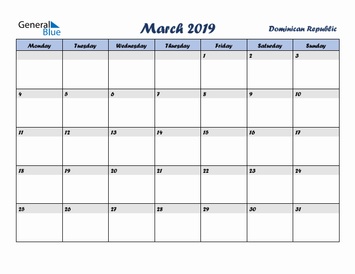 March 2019 Calendar with Holidays in Dominican Republic