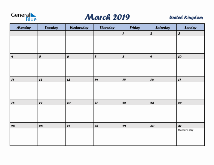 March 2019 Calendar with Holidays in United Kingdom